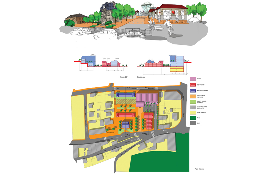 Esquisse d’intention, coupe urbaine & plan masse (aménagement de la Place de La Liberté et de la Place Marechal Ney).